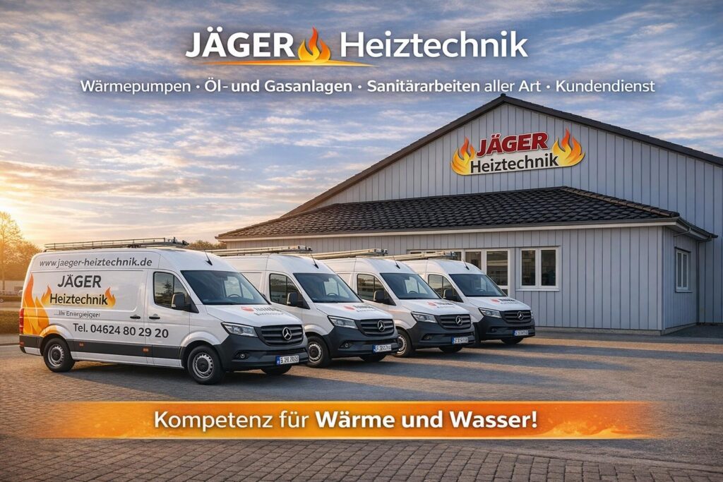 Firmengebäude und Servicefahrzeuge von Jäger Heiztechnik